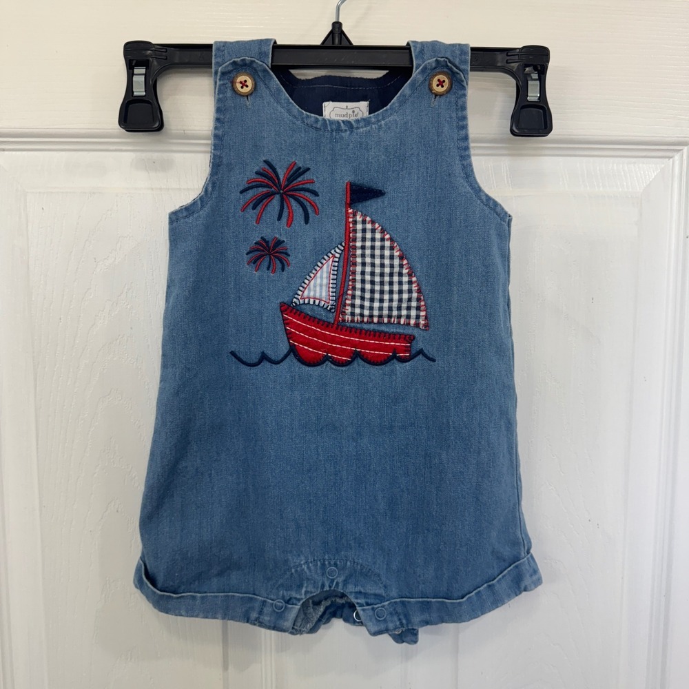 Mud Pie Denim Blue Sailboat Embroidered Romper Memorial Day/4th of July Outfit